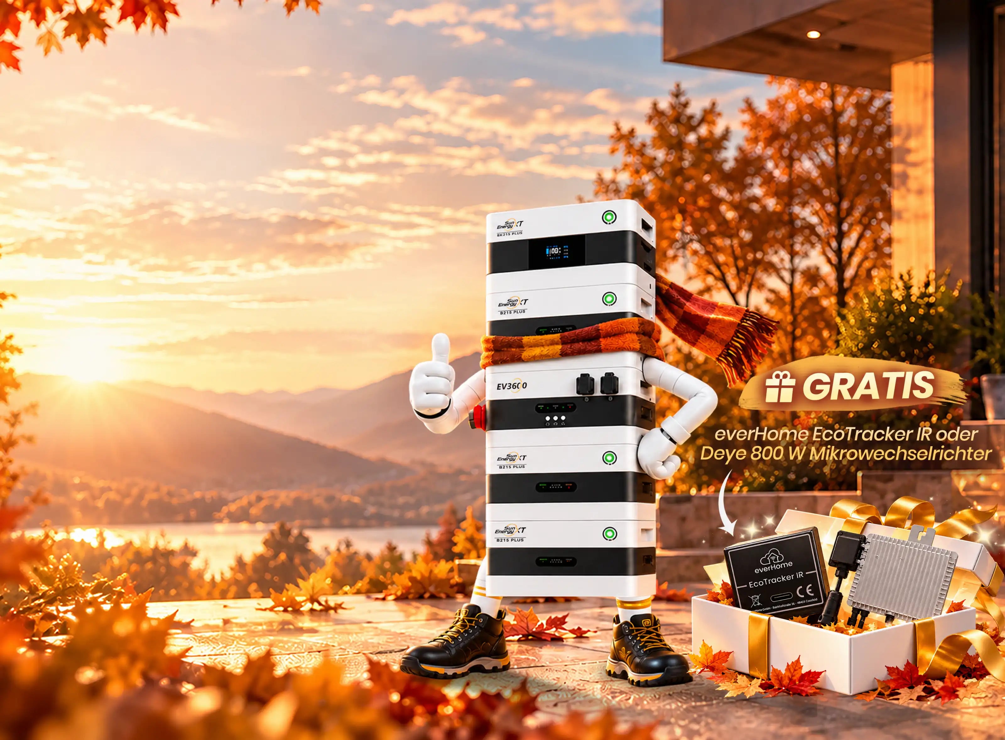 SunEnergyXT promotional artwork featuring BK215 PLUS, B215 PLUS and EV3600 in an autumn scene