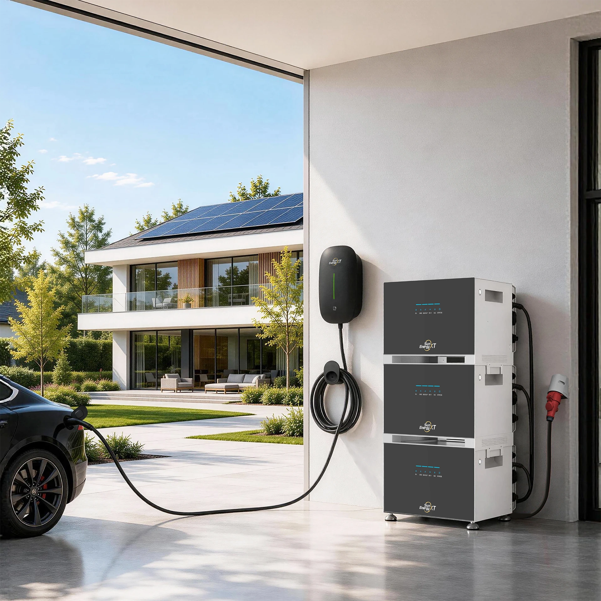Scene illustration with an electric car, a SunEnergyXT wallbox and three main storage units from the 500 series