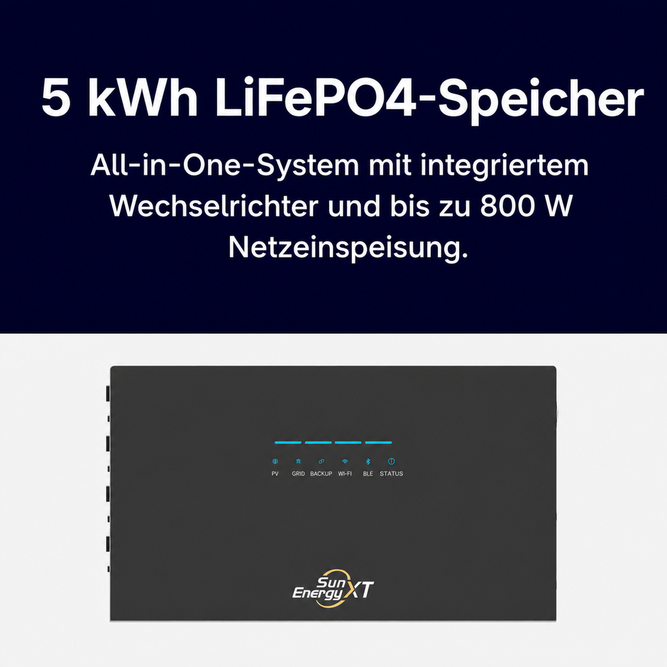 SunEnergyXT 500 mit 5 kWh LiFePO4-Speicher und bis zu 800 W Netzeinspeisung