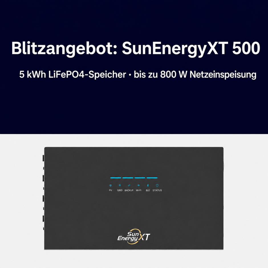 SunEnergyXT 500 Blitzangebot mit 5 kWh LiFePO4-Speicher und bis zu 800 W Netzeinspeisung