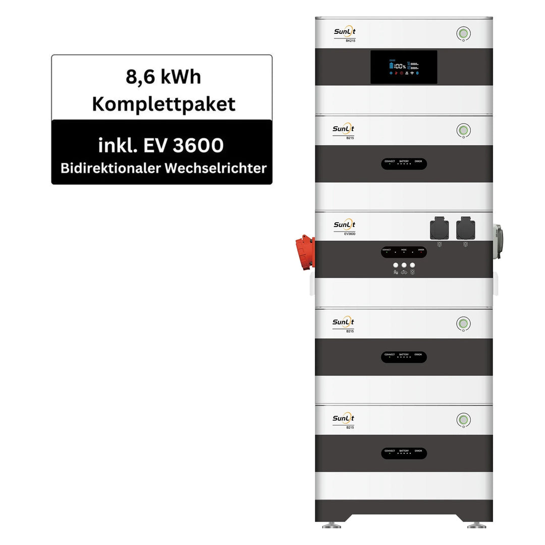 2Way Speicherturm Komplettset - 8,6 kWh Speicher + EV3600 bidirektionaler Wechselrichter SunLit