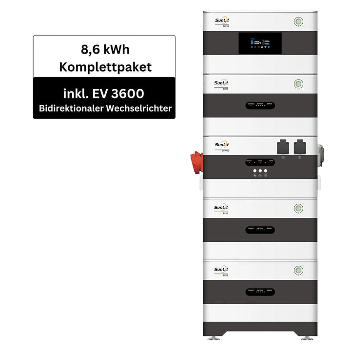 2Way Speicherturm Komplettset - 8,6 kWh Speicher + EV3600 bidirektionaler Wechselrichter SunLit