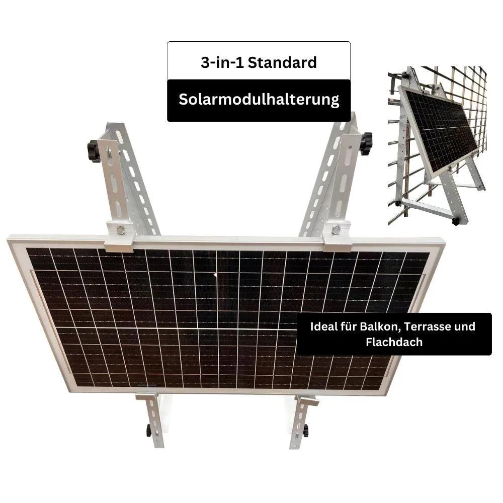 SunLit Solarmodulhalterung 3-in-1 (silber) für Balkonkraftwerk MSH-01A / MSH-02A - Balkon, Terasse, Flachdach DRB Solar