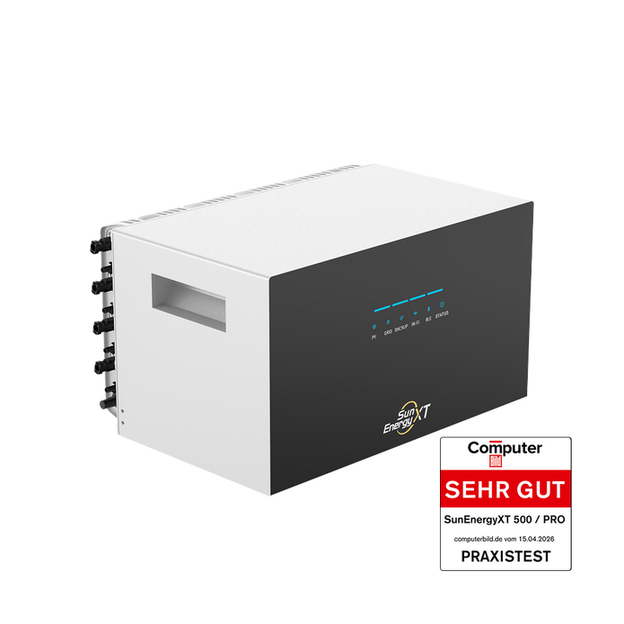SunEnergyXT 500 Serie Seitenansicht mit MC4-Anschlüssen – ComputerBild SEHR GUT Praxistest