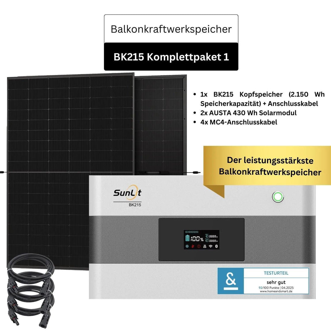 SunLit Balkonkraftwerkspeicher BK215 Komplettsparpaket 01 inkl. 2x 430 Wh Solarmodulen Sunlit Solar