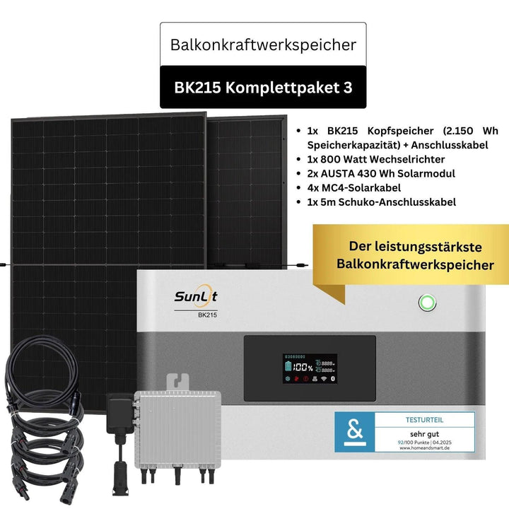 SunLit Balkonkraftwerkspeicher BK215 Sparpaket 03 inkl. 2x 430 Wh Solarmodulen & Wechselrichter SunLit