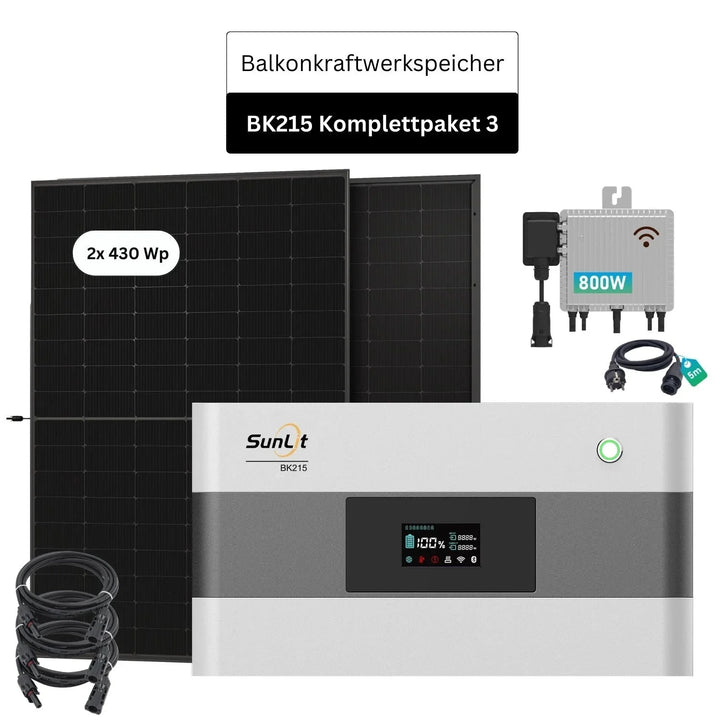 SunLit Balkonkraftwerkspeicher BK215 Sparpaket 03 inkl. 2x 430 Wh Solarmodulen & Wechselrichter SunLit