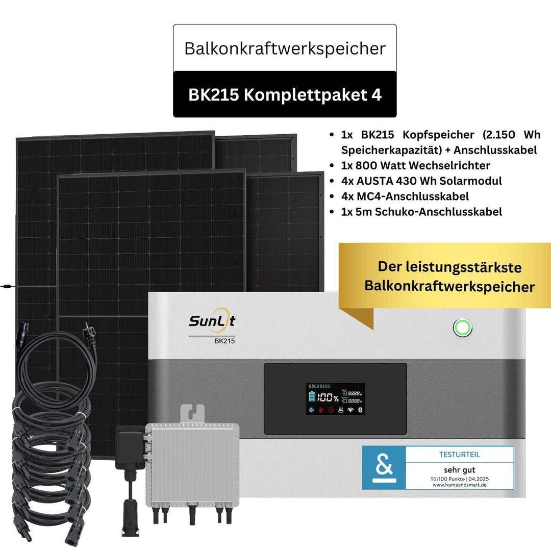 SunLit Balkonkraftwerkspeicher BK215 Sparpaket 04 inkl. 4x 430 Wh Solarmodulen & Wechselrichter Sunlit Solar