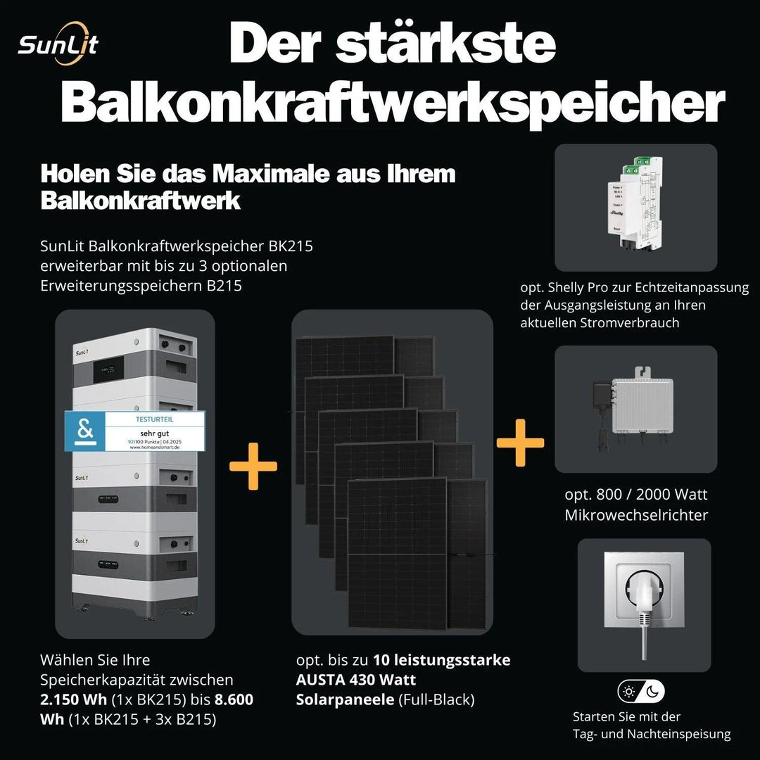 SunLit Balkonkraftwerkspeicher BK215 konfigurierbares Komplettpaket SunLit