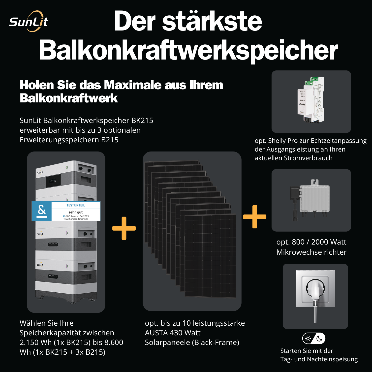 SunLit Balkonkraftwerkspeicher BK215 Komplettpaket (konfigurierbar) SunLit