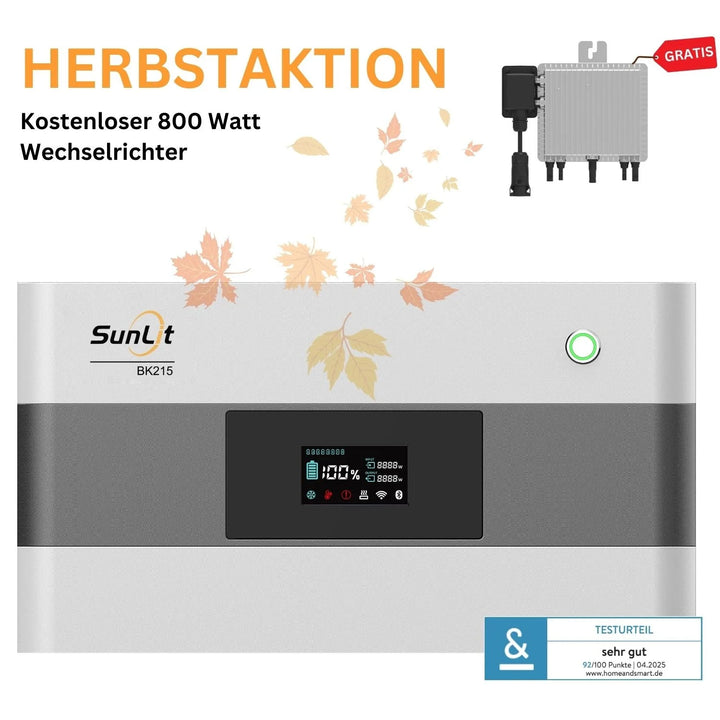 Upgrade-Paket: SunLit BK215 Balkonkraftwerkkopfspeicher (2,15 kWh) mit kostenlosem 800 Watt Deye-Wechselrichter SunLit