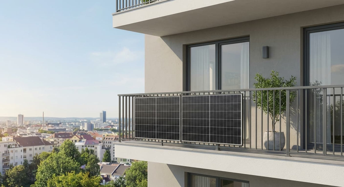 Balkonkraftwerk am Balkon montiert mit verstellbarer 3-in-1 Multifunktionshalterung – Solarmodule zur Eigenstromerzeugung an Wohnungsbalkon in der Stadt