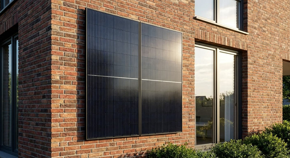 Balkonkraftwerk an Hausfassade mit verstellbarer 3-in-1 multifunktionaler Halterung montiert – winkelverstellbare Solarmodule zur effizienten Stromerzeugung am Gebäude