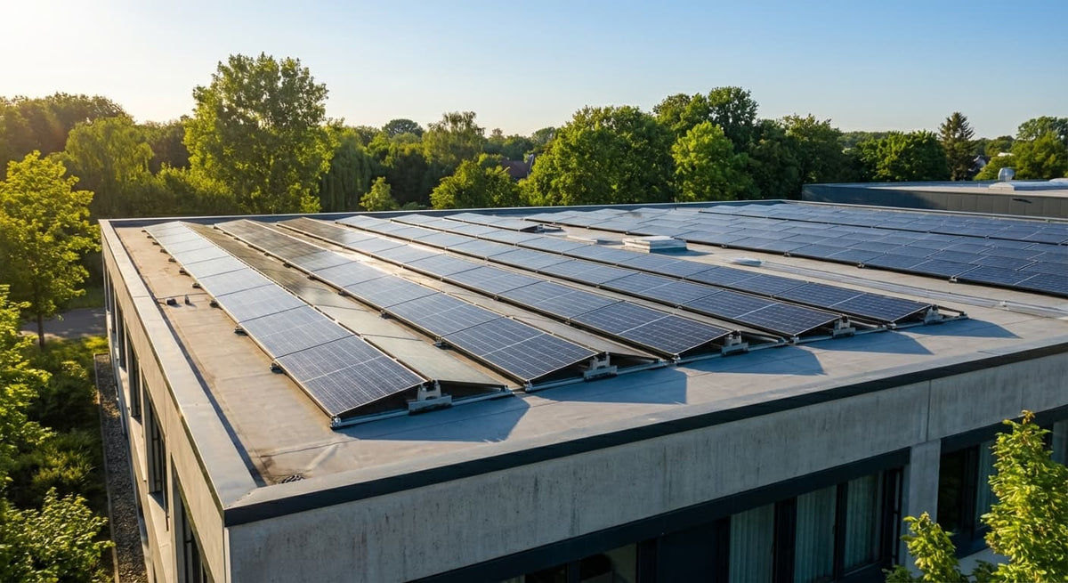 Balkonkraftwerk Solaranlage auf Flachdach mit Flachdachhalterung montiert – Photovoltaik Module zur Eigenstromerzeugung auf modernem Hausdach