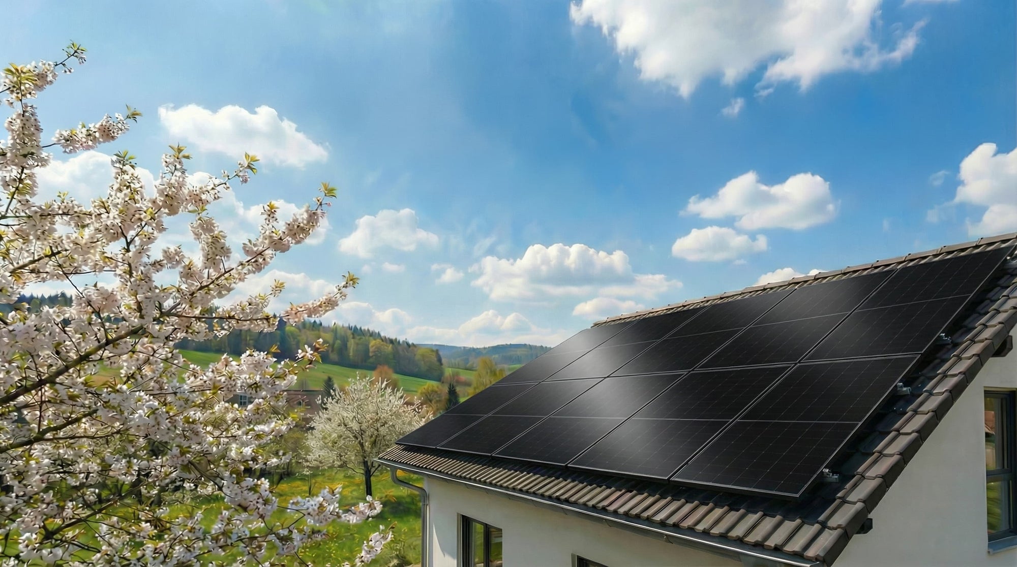 Solaranlage auf Ziegeldach im Frühling bei starkem Sonnenschein – Photovoltaik Module erzeugen Solarstrom unter blauem Himmel und blühenden Bäumen