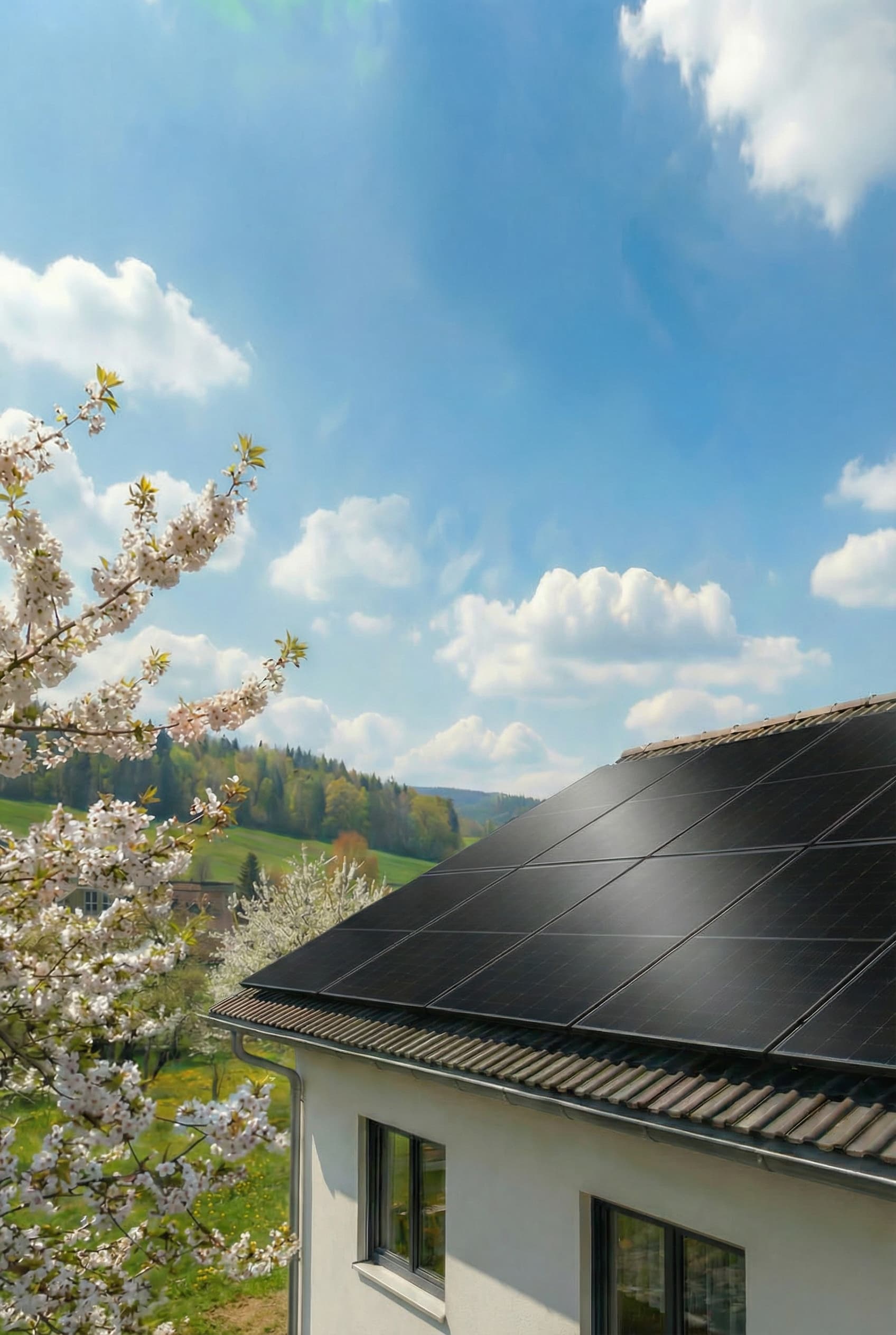 Solaranlage auf Ziegeldach im Frühling bei starkem Sonnenschein – Photovoltaik Module erzeugen Solarstrom unter blauem Himmel und blühenden Bäumen