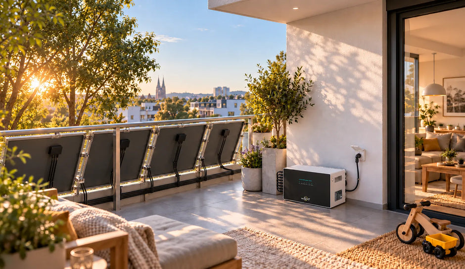 Anwendungsbeispiel: SunEnergyXT 500 Lite auf einem Balkon mit Solarmodulen