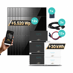 SunEnergyXT 30-kWh-Set: 3 Hauptspeicher, 3 B500, 12 Solarmodule, EcoTracker IR sowie PV- und AC-Anschlusskabel