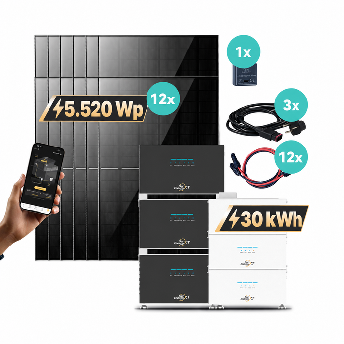SunEnergyXT 30-kWh-Set: 3 Hauptspeicher, 3 B500, 12 Solarmodule, EcoTracker IR sowie PV- und AC-Anschlusskabel
