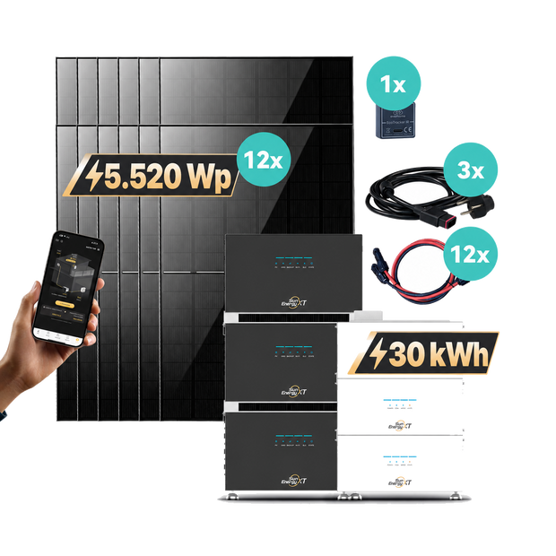 SunEnergyXT 30-kWh-Set: 3 Hauptspeicher, 3 B500, 12 Solarmodule, EcoTracker IR sowie PV- und AC-Anschlusskabel