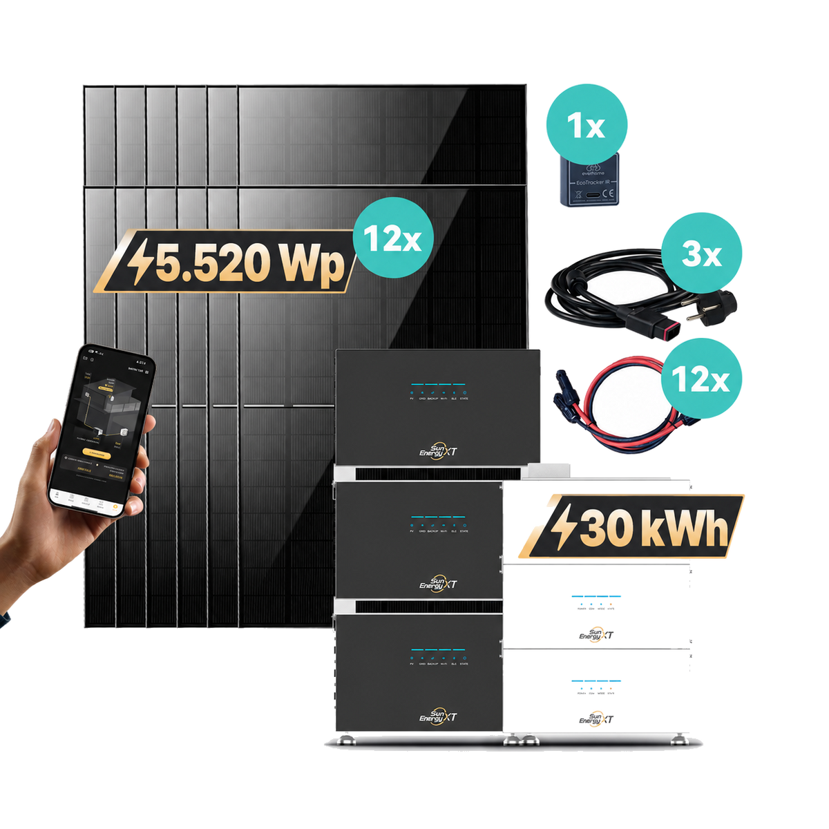 SunEnergyXT 30-kWh-Set: 3 Hauptspeicher, 3 B500, 12 Solarmodule, EcoTracker IR sowie PV- und AC-Anschlusskabel
