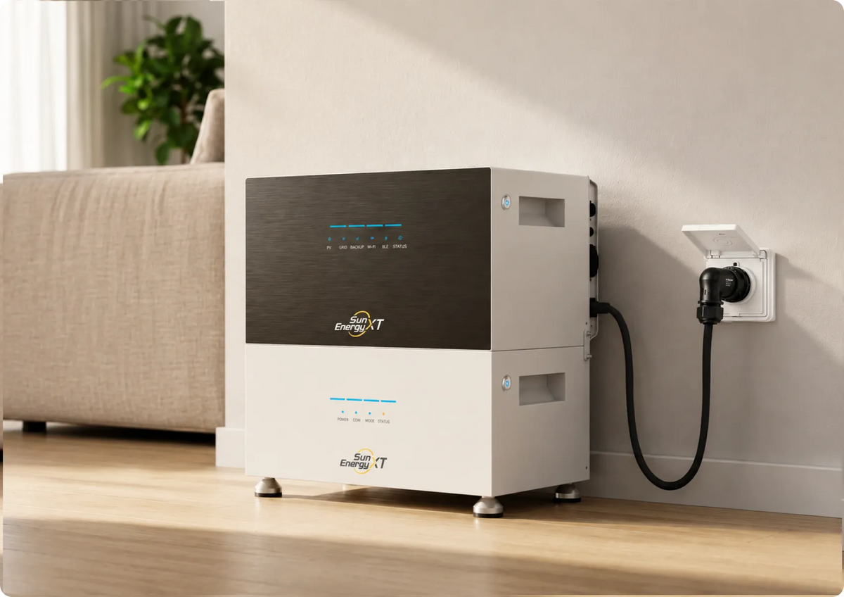 SunEnergyXT Speicher der 500-Serie mit Erweiterungsbatterie neben einem Sofa