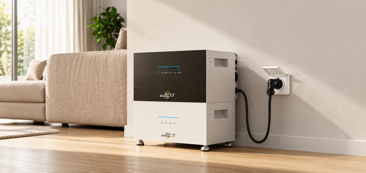 SunEnergyXT Speicher der 500-Serie mit Erweiterungsbatterie neben einem Sofa