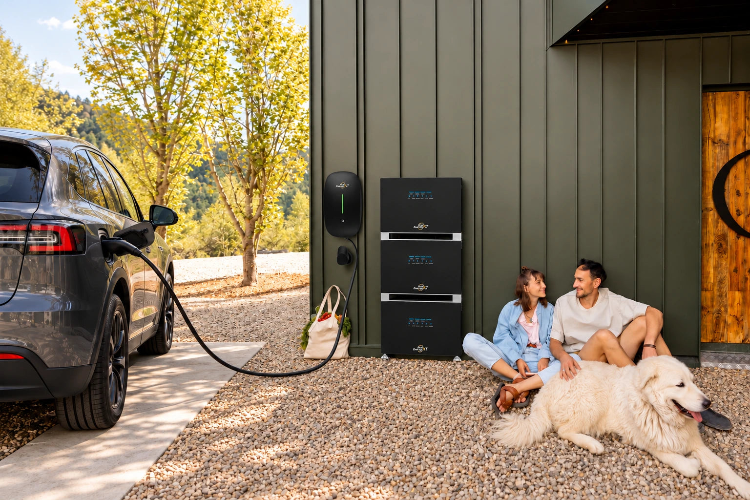 Szenenillustration mit Elektroauto, SunEnergyXT Wallbox und drei Hauptspeichern der 500-Serie
