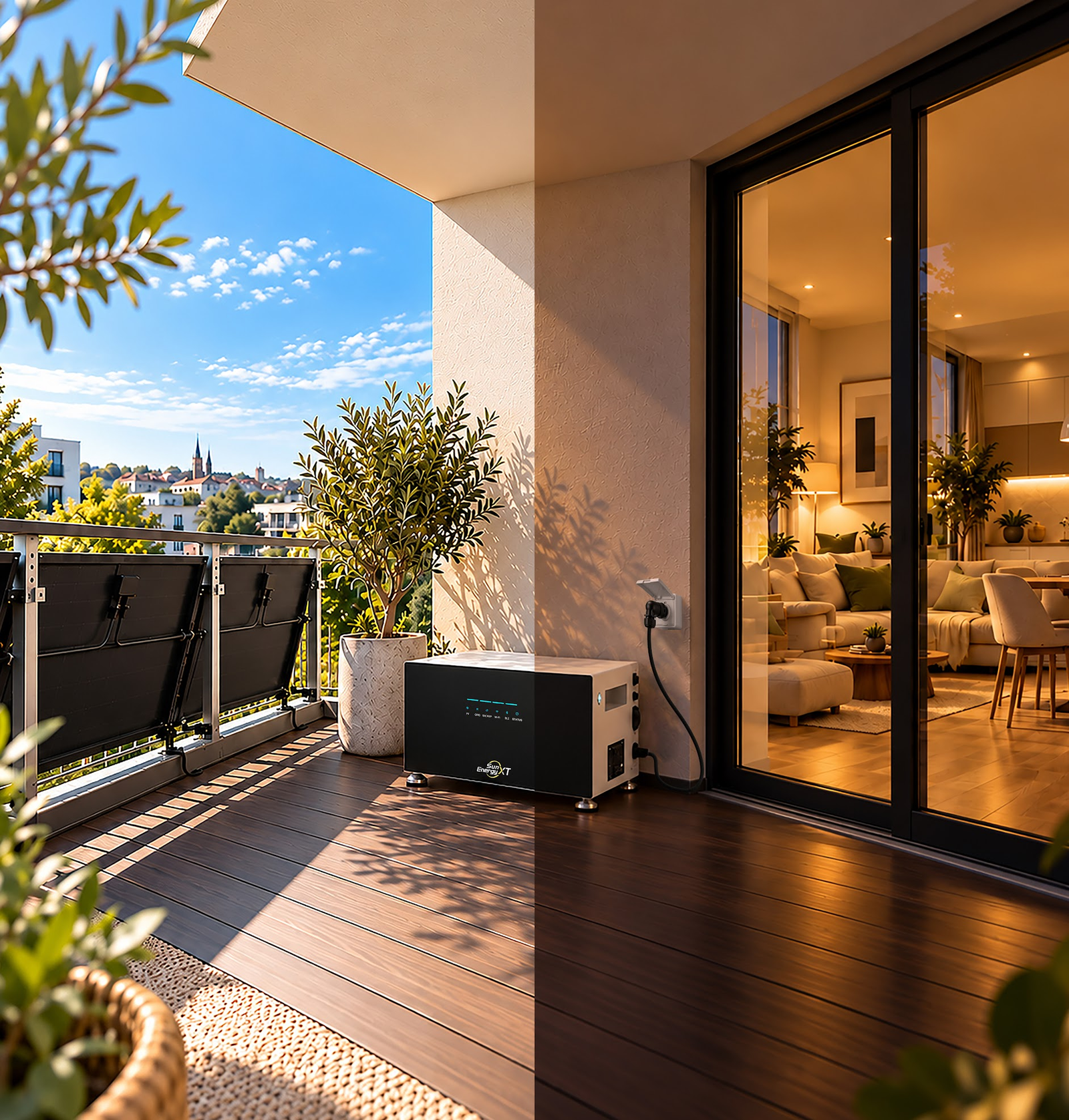 SunEnergyXT 500 Lite auf einem Balkon: Solarmodule bei Tageslicht und ein beleuchteter Wohnbereich am Abend