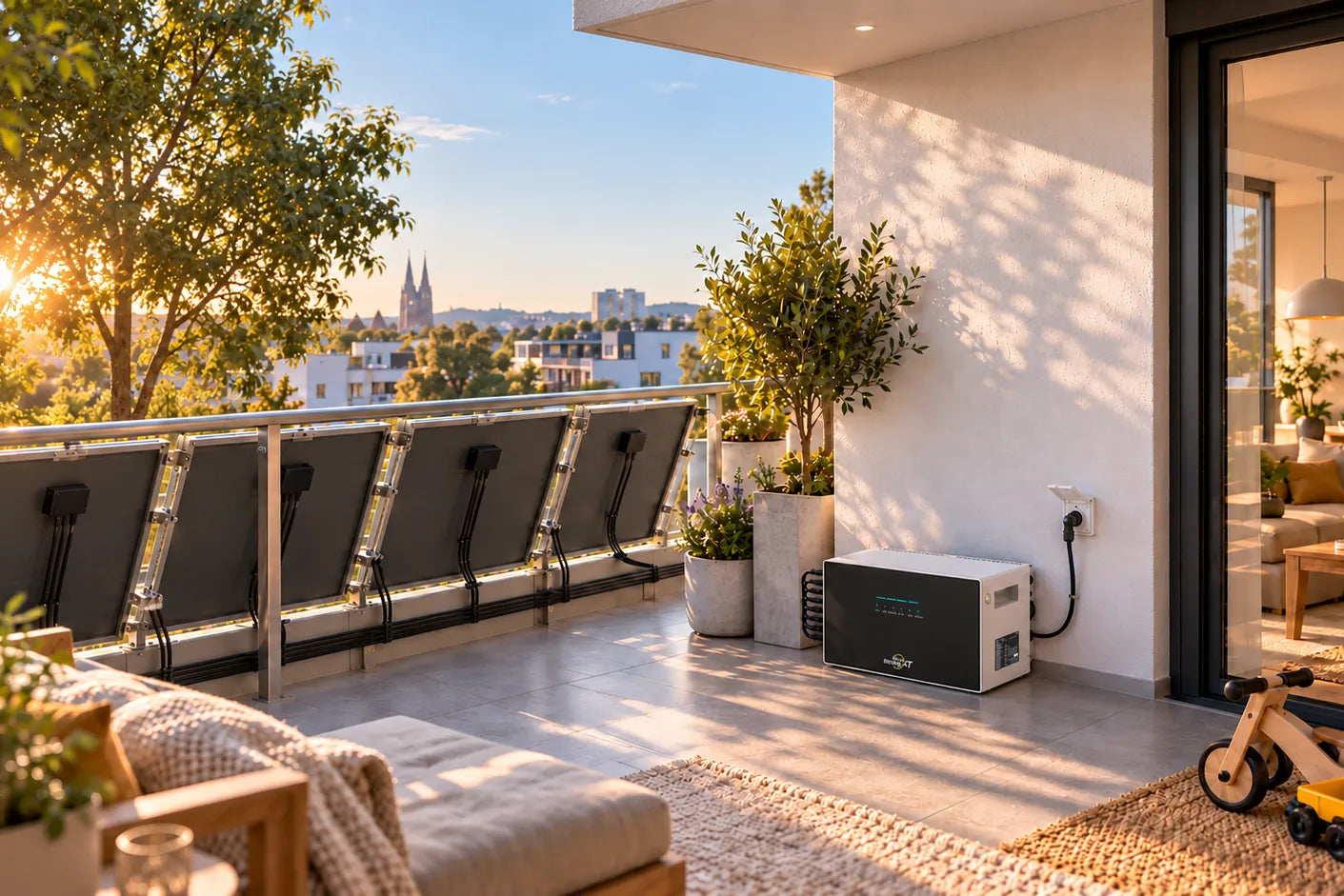 SunEnergyXT 500 Lite auf einem überdachten Balkon mit Solarmodulen am Geländer